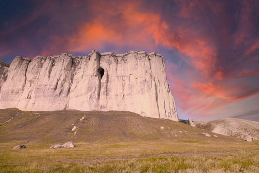 White rock at sunset in the Crimea. Travel to Russia . Mountain landscape. Landscape at sunset. Summer