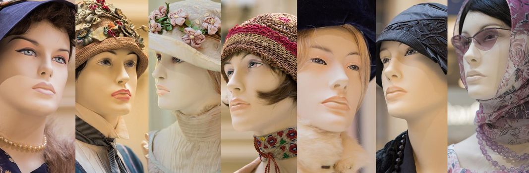 Collage of mannequins wearing retro clothes