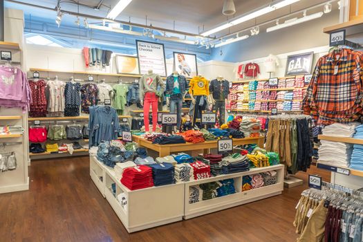 Key West, Florida, USA - September 13, 2019: clothing on display at GAP store in Key west