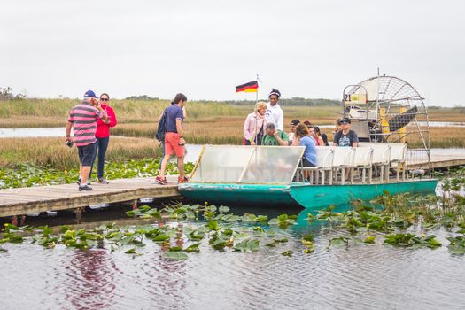 EVERGLADES, FLORIDA, USA - DECEMBER 8, 2016 : Airboat tour at the mangrove forest in Everglades swamp
