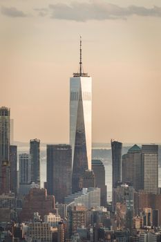 New york, USA - May 17, 2019: New York City Manhattan midtown aerial panorama view with skyscrapers and blue sky in the day