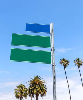 Empty road signs with palms and blue sky with copyspace