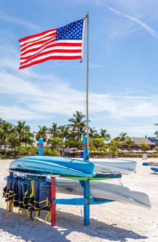 ST.PETE BEACH, FLORIDA, USA - SEPTEMBER 03, 2014: Life jackets and boats on St.Pete beach in Florida, on September, 2014, USA.