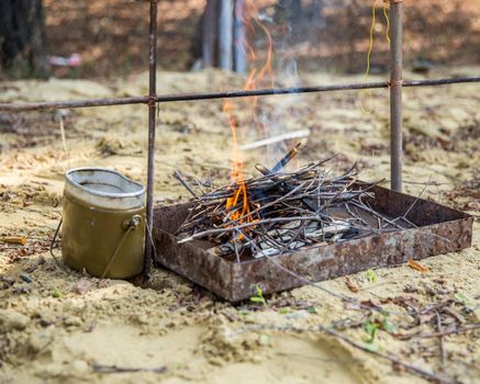 Campfire made by tourists in wood