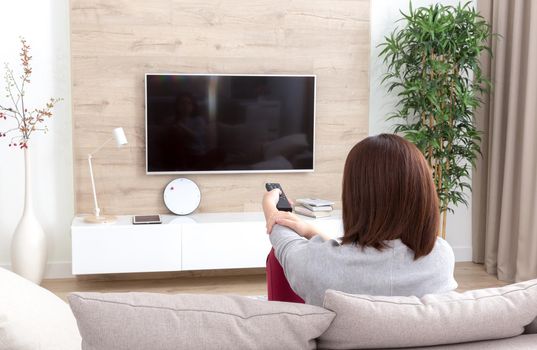 Young woman watching TV in living room, back view