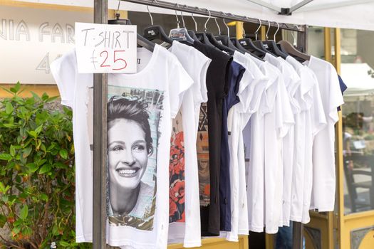 PARMA, ITALY, MAY 06, 2018: T-shirt with Julia Roberts face selling on local market