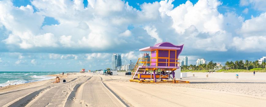 Miami - September 11, 2019: South beach in Miami with lifeguard pink hut in Art deco style