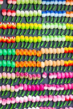 Souvenirs from Amsterdam, Holland. Many wooden tulip flowers magnets