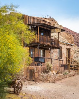 MAY 23. 2015- Old hotel in Calico, CA, USA: Calico is a ghost town in San Bernardino County, California, United States. Was founded in 1881 as a silver mining town. Now it is a county park.