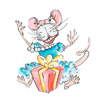 New year, Funny happy mouse or rat with present