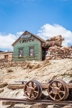 MAY 23. 2015- House made of glass bottles in Calico, CA, USA: Calico is a ghost town in San Bernardino County, California, United States. Was founded in 1881 as a silver mining town. Now it is a county park.