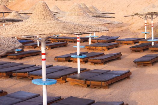 sun loungers and beach umbrellas on the beach in Egypt. advertising of a travel agency