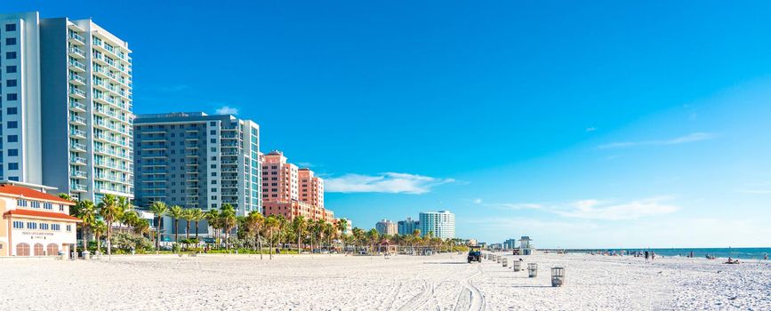 Clearwater beach, Florida, USA - September 17, 2019: Beautiful Clearwater beach with sand in Florida USA