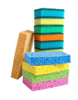Stack of colorful cleaning sponges isolated on white background