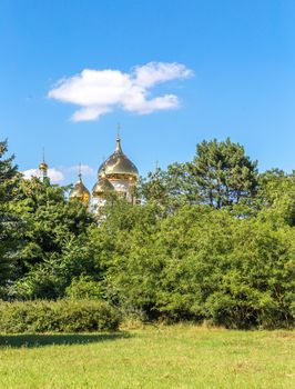 Golden dome of church, view through trees