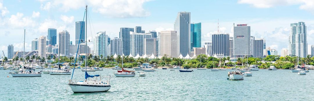 Miami, USA - September 11, 2019: Miami skyline with many yachts and boats