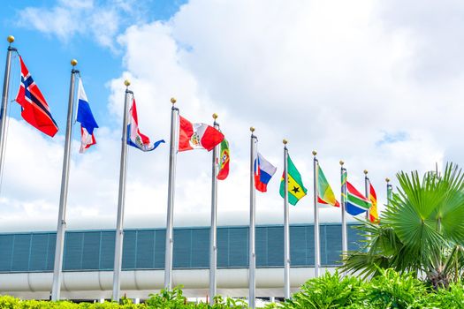 Miami, USA - September 21, 2019 - Miami international airport with flags of many different countries