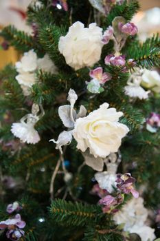 Chritmas tree purple decoration with white roses and ballet dancers
