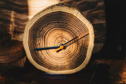 Wooden clocks and mechanism in display for sale in the bazaar