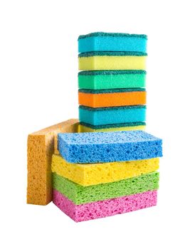 Stack of colorful cleaning sponges isolated on white background