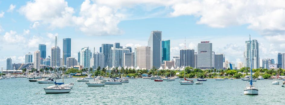 Miami, USA - September 11, 2019: Yachts in Biscayne Bay with Miami Skyline