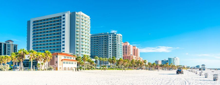 Clearwater beach, Florida, USA - September 17, 2019: Beautiful Clearwater beach with sand in Florida USA