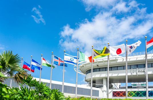 Miami international airport with flags of many different countries