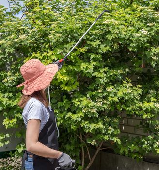 Happy female working in garden in summer