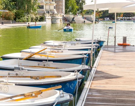 Madrid, Spain. September 7, 2017: View of Buen Retiro park, lake and boats Madrid Spain