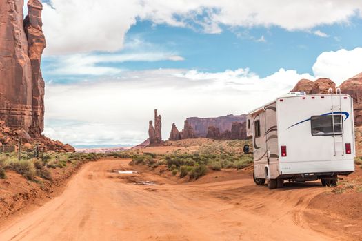 Motorhome on the road in Monument Valley, Utah, USA