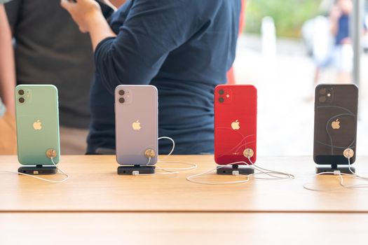 Aventura, Florida, USA - September 20, 2019: The iPhone 11, 11 Pro and Pro Max are displayed as the new smartphone by Apple goes on sale on the first day
