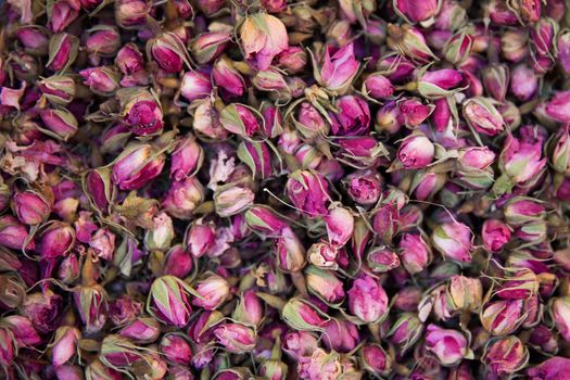 Dried rosebuds background texture closeup. Pink rosebud macro close up of heap.
