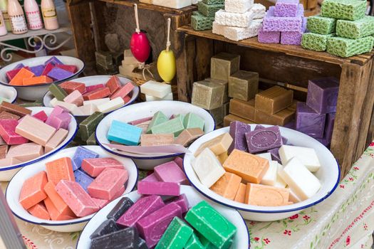 PARMA, ITALY, MAY 06, 2018. Natural soap on the counter of the city sunday market in Parma