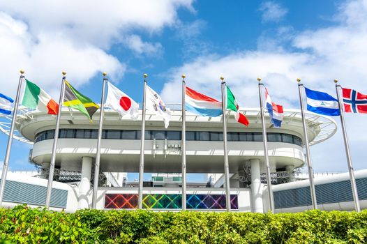Miami, USA - September 21, 2019 - Miami international airport with flags of many different countries