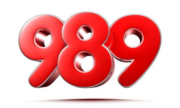 Rounded red numbers 989 on white background 3D illustration with clipping path