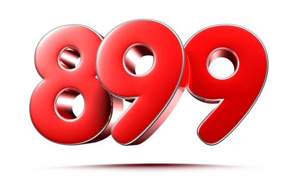 Rounded red numbers 899 on white background 3D illustration with clipping path