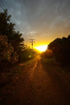 The golden light of sunset and a dirt road in the countryside of Thailand