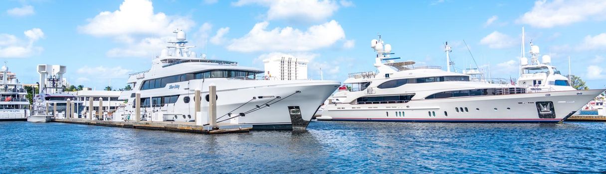 Fort Lauderdale, Florida, USA - September 20, 2019: Luxury yachts docked in marina in Fort Lauderdale