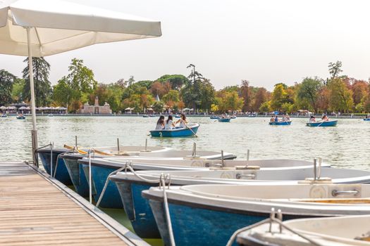 Madrid, Spain. September 7, 2017: View of Buen Retiro park, lake and boats Madrid Spain