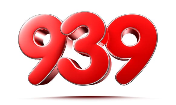 Rounded red numbers 939 on white background 3D illustration with clipping path
