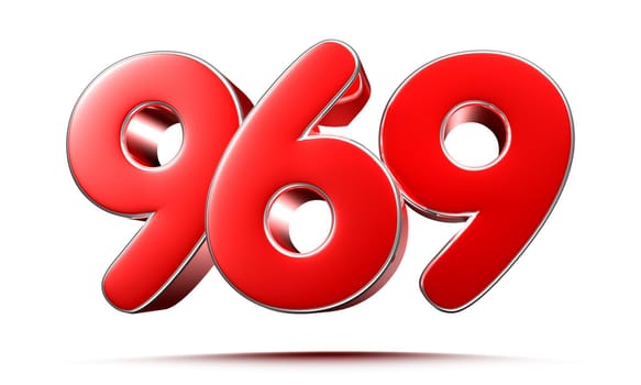 Rounded red numbers 969 on white background 3D illustration with clipping path