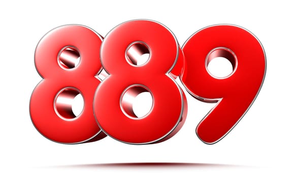 Rounded red numbers 889 on white background 3D illustration with clipping path