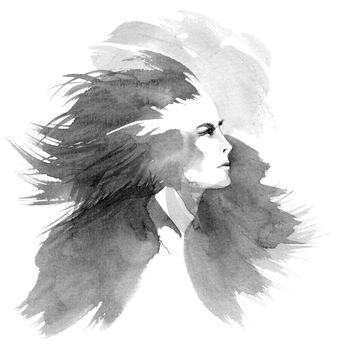 Portrait of a woman with hair flying in the wind in oriental traditional ink style. Hand drawn grayscale illustration on white background.