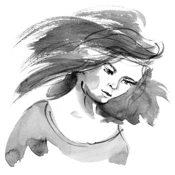 Portrait of a young woman with hair flying in the wind in oriental traditional ink style. Hand drawn grayscale illustration on white background.