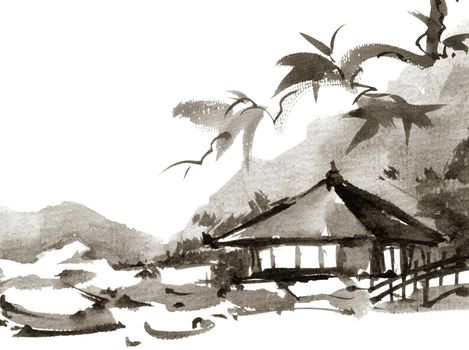 Landscape with building and stones - grayscale ink painting on white background. Oriental traditional ink painting in sumi-e style.