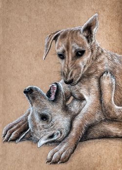 Have the advantage in the fighting of dogs, Color pencil painted on the kraft paper
