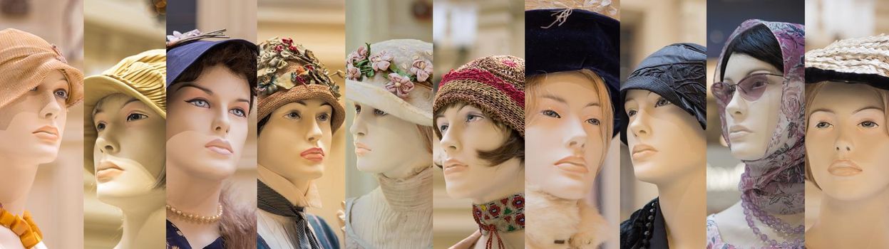 Collage of mannequins wearing retro clothes