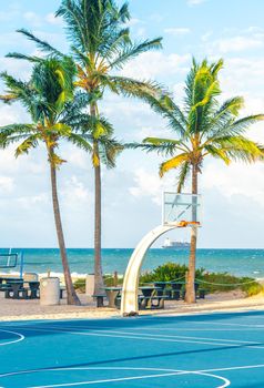 FORT LAUDERDALE, FLORIDA - September 20, 2019: men exercising in the public exercise equipment area and basketball courts of Fort lauderdale Beach