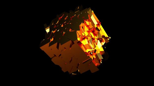 Futuristic breaking 3d render square into small geometric fragments. Changing cybercrystal with decaying textures. Cubic plasmoid cracked from gravity with creative decoration pieces.