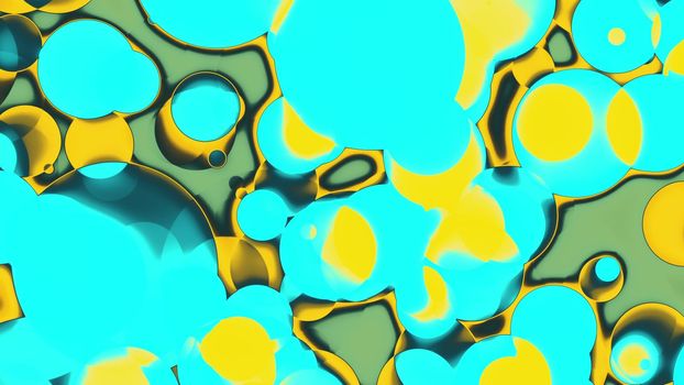 Round textures with 3d render gradient in chaotic motion. Geometric droplets floating in oil with overexposed reflection. Digital futuristic surface with spherical clusters